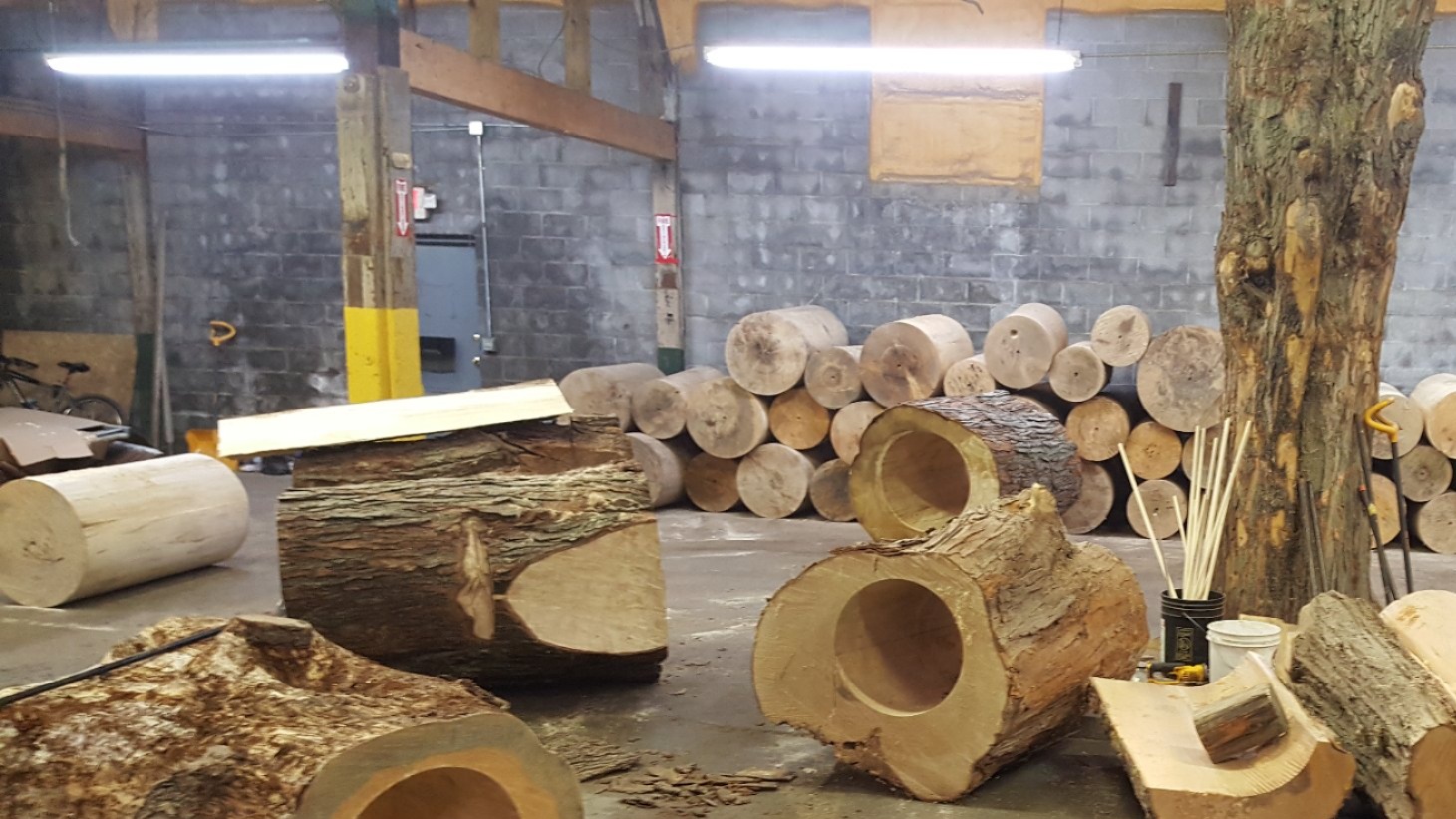 Wide IC WOOD warehouse floor: six-plus hollow logs and half-logs mid-production, full rack of finished bark-free cylinders stacked against the back wall, green forklift, whole tree trunk standing upright in center