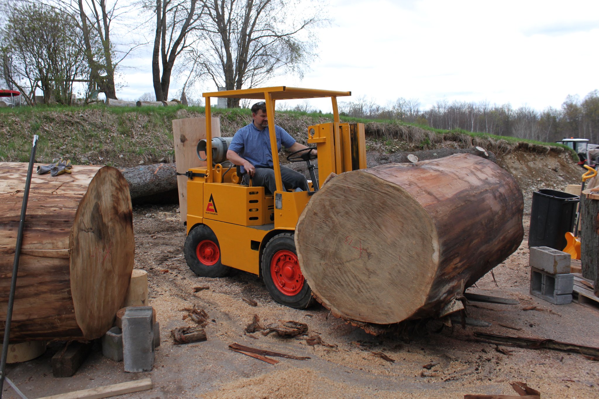 Bob Kilgore operating forklift moving a massive reclaimed log at the IC WOOD production yard